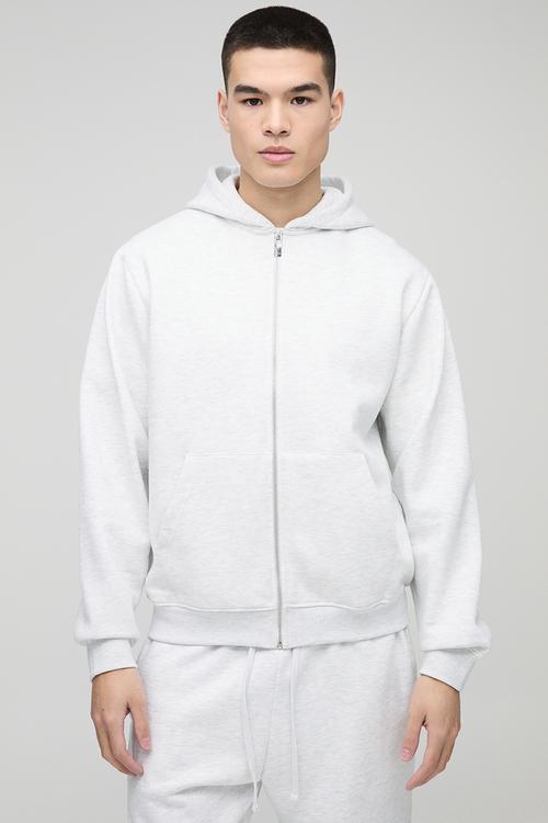 330GSM Basic Regular Fit Zip Through Hoodie - Grey Marl