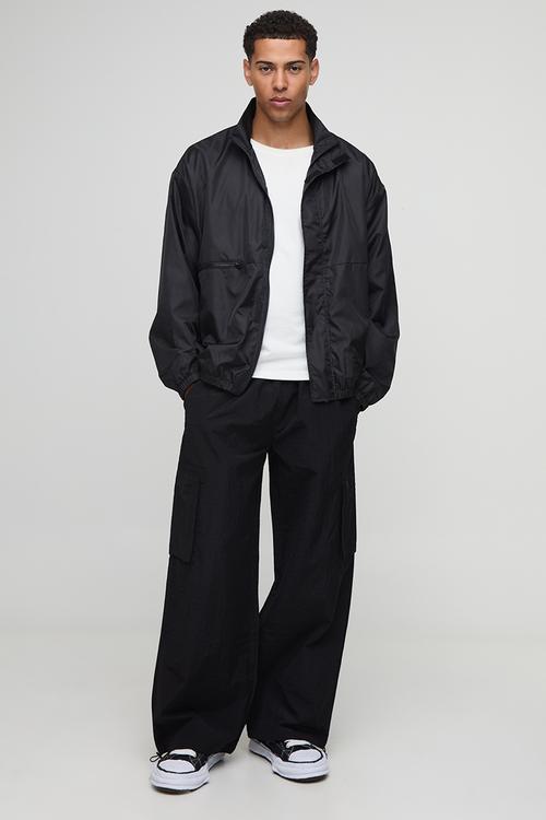 Oversized High Shine Funnel Neck Track Jacket - Black