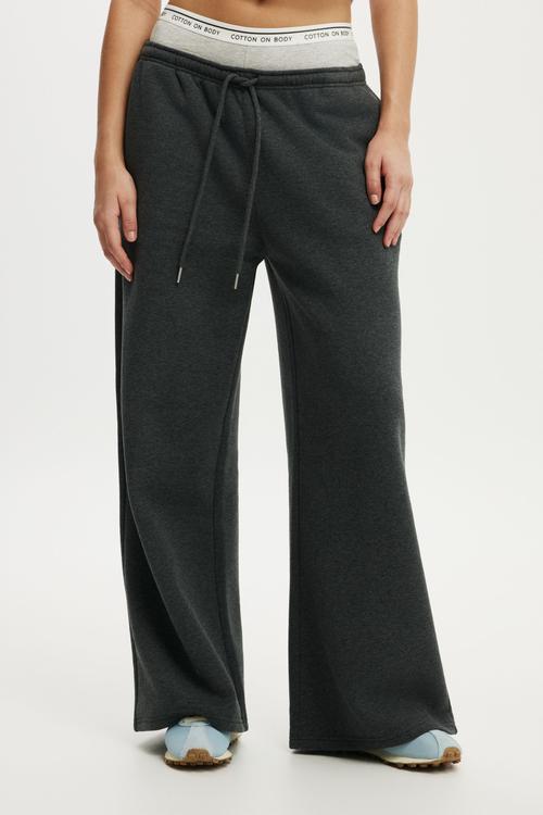 Plush Tie Waist Wide Leg Sweatpant - Dark Grey Marle