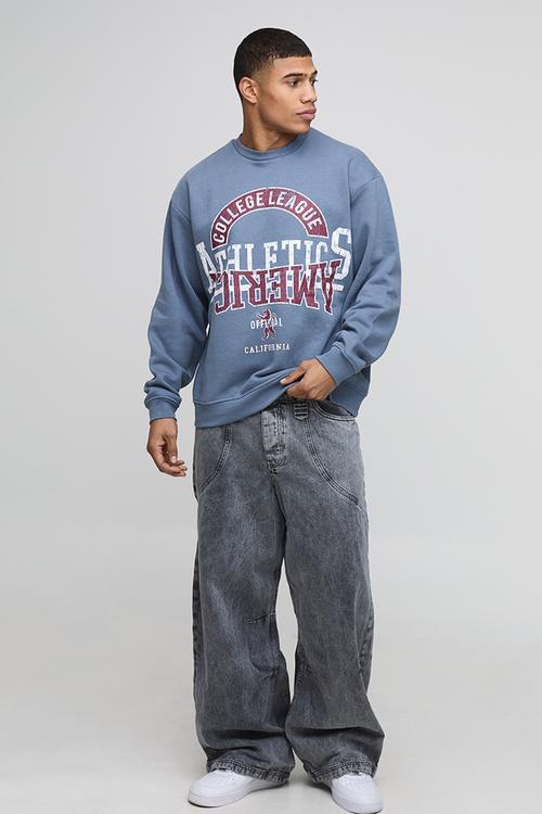 Oversized Washed Varsity Graphic Sweatshirt - slate blue