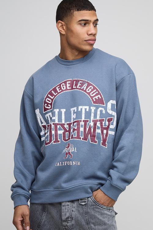 Oversized Washed Varsity Graphic Sweatshirt - slate blue