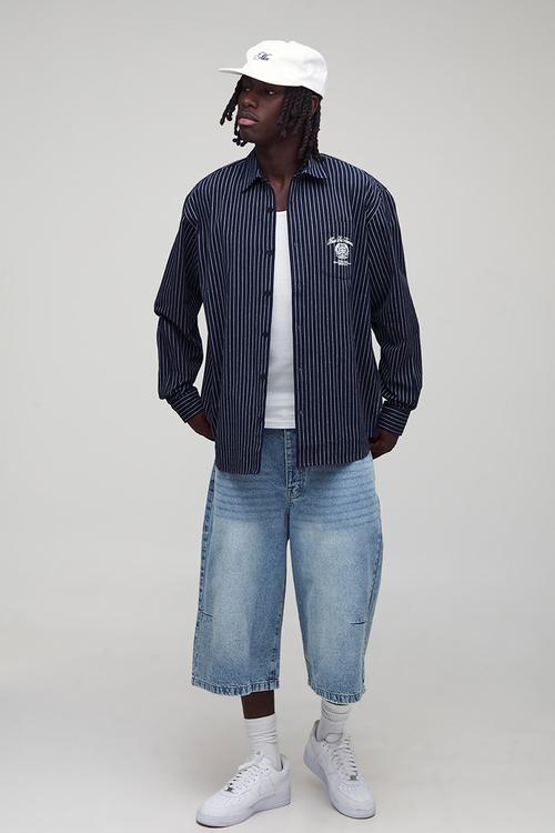 Oversized Long Sleeve Embroidered Stripe Shirt - Navy