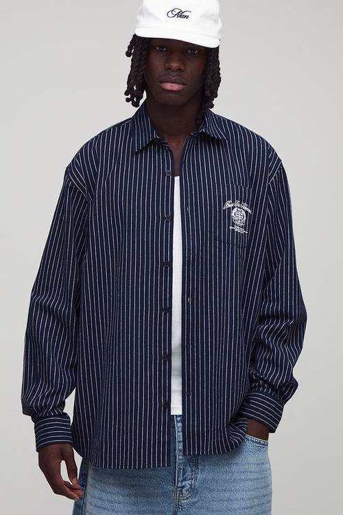 Oversized Long Sleeve Embroidered Stripe Shirt - Navy