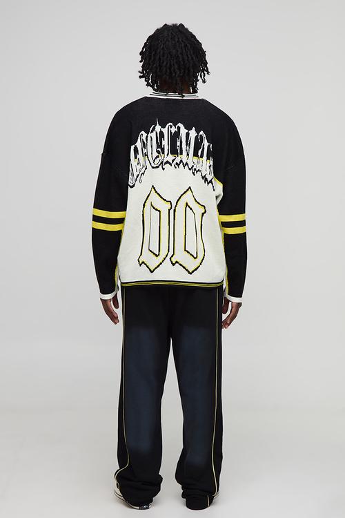 Man Gothic Varsity Jacquard Knitted Hockey Sports Top - White