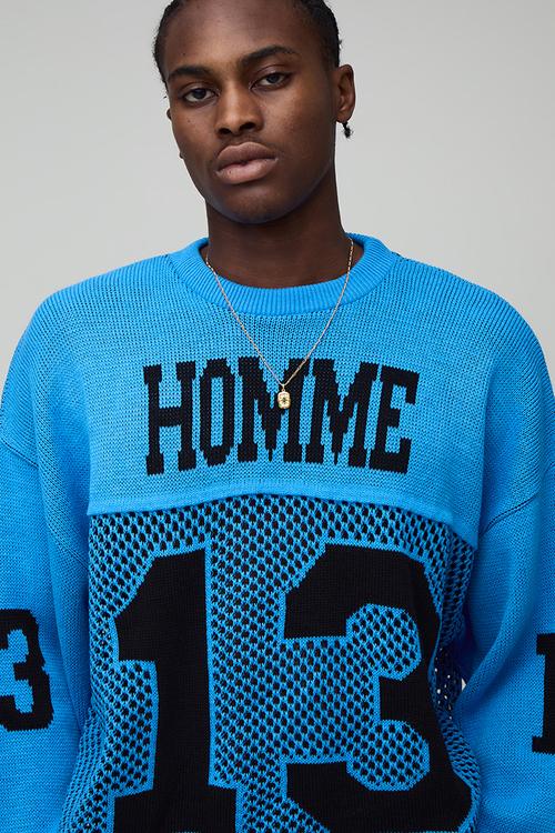 Varsity Jacquard Open Stitch Knitted Hockey Sports Top - Blue
