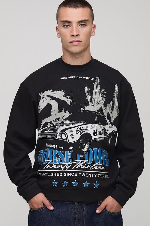 Black Oversized Boxy Extended Neck Horse Printed Sweatshirt - Black