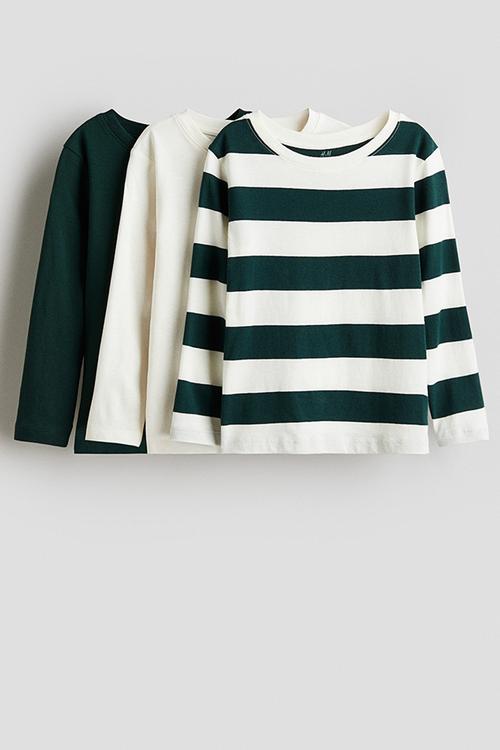 3-Pack long-sleeved T-shirts - dark green striped