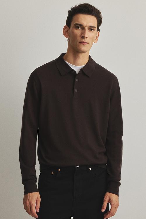 Regular fit merino wool polo shirt - brown