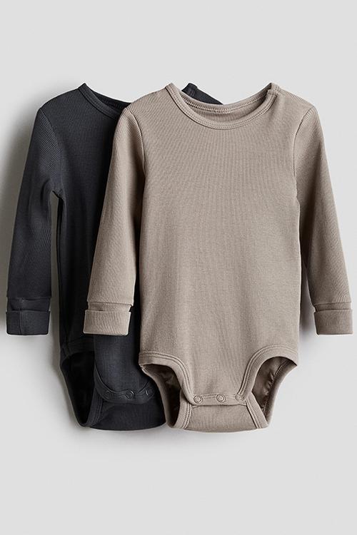 2-pack adjustable-fit long-sleeved bodysuits - dark grey/beige