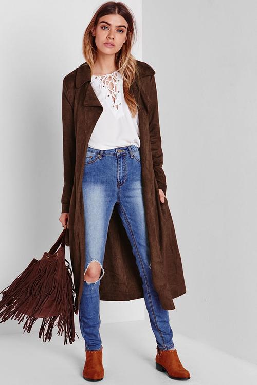 Faux Suede Trench Coat