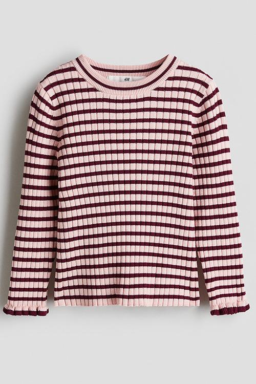 Rib-knit jumper - light pink & dark red striped