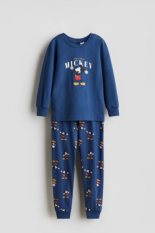 Printed cotton jersey pyjamas - blue mickey mouse