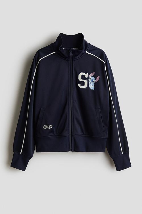 Motif-detail track jacket - navy blue/lilo & stitch