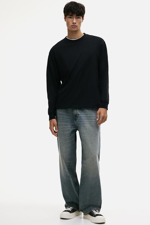 Loose fit long-sleeved jersey top - black
