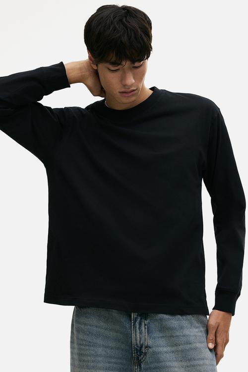 Loose fit long-sleeved jersey top - black