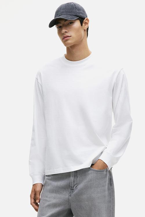 Loose fit long-sleeved jersey top - white