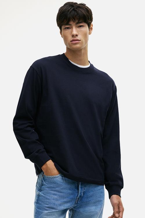 Loose fit long-sleeved jersey top - navy blue