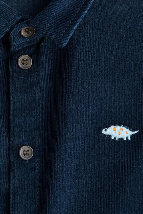 Embroidery-motif corduroy shirt - dark blue dinosaurs 