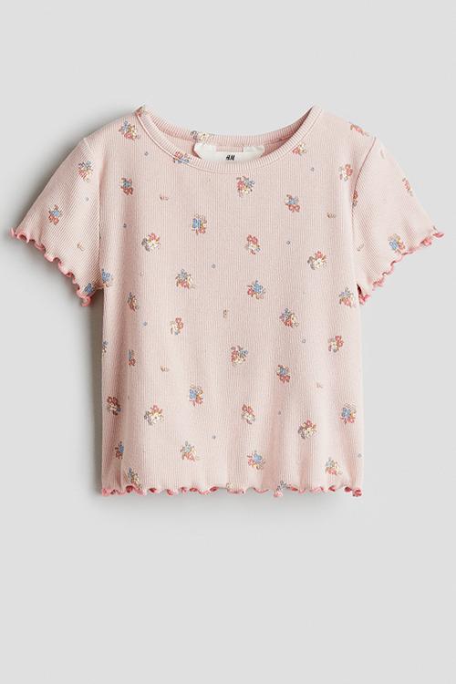 Ribbed cotton jersey top - light pink floral