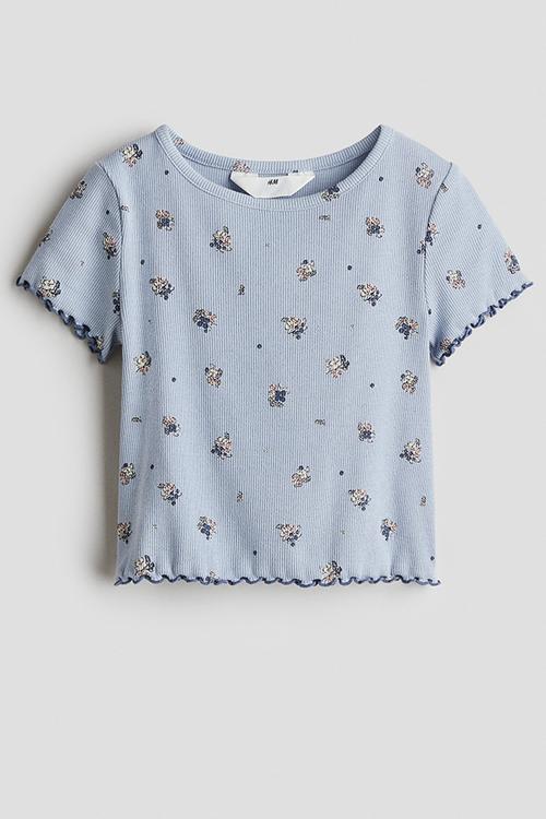 Ribbed cotton jersey top - light dusty blue floral