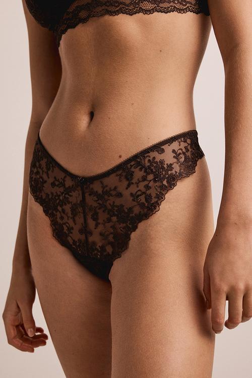 Embroidered thong briefs - dark brown