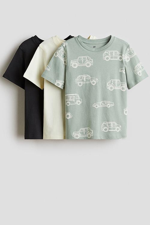 3-Pack cotton T-shirts - mint green/vehicles