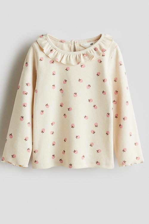 Ribbed jersey top - cream strawberries