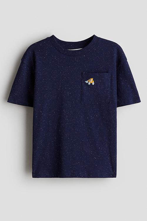 Embroidery-detail cotton T-shirt - navy blue excavator