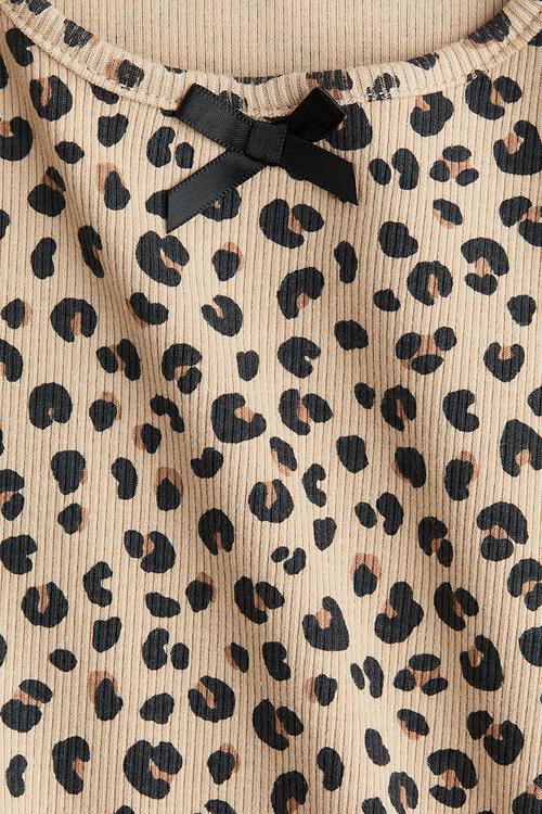 Picot-trimmed jersey top - beige leopard print