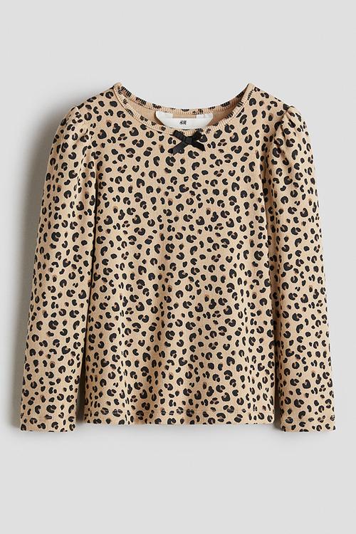 Picot-trimmed jersey top - beige leopard print