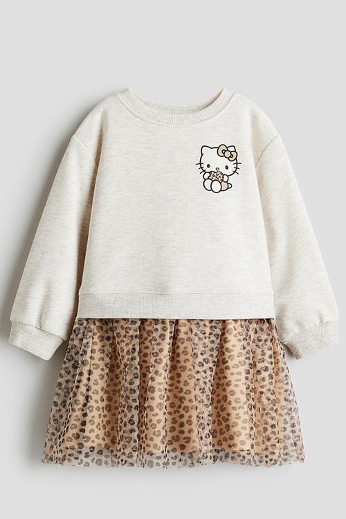 Printed tulle-skirt sweatshirt dress - light grey marl/hello kitty