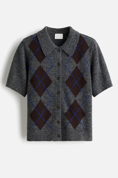 Collared cardigan - dark grey marl argyle pattern