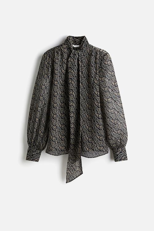 Tie-neck chiffon blouse - navy blue/paisley pattern