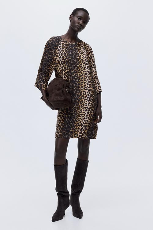 A-line dress - beige leopard print