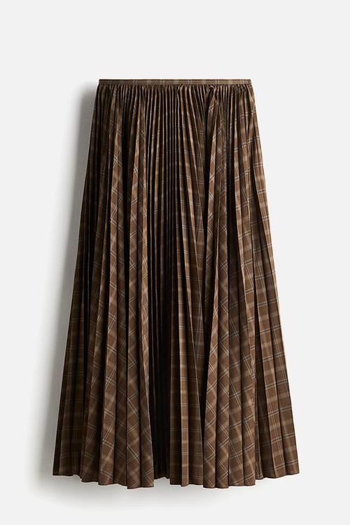 Pleated circular skirt - dark beige checked