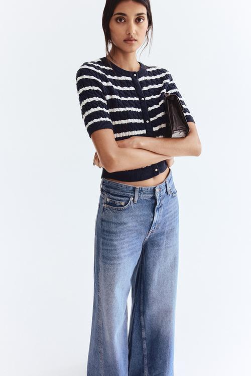 Textured-knit cardigan - navy blue/striped