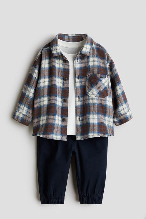 3-piece cotton set - brown/blue checked