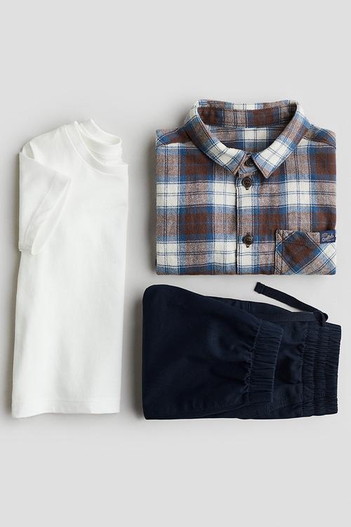 3-piece cotton set - brown/blue checked