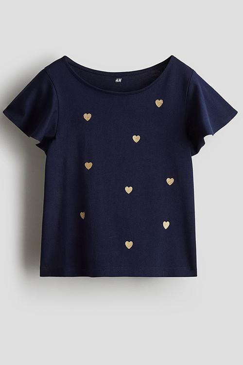 Printed flutter-sleeved top -  navy blue/hearts