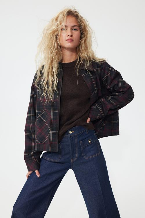 Corduroy-collar twill jacket - dark brown checked