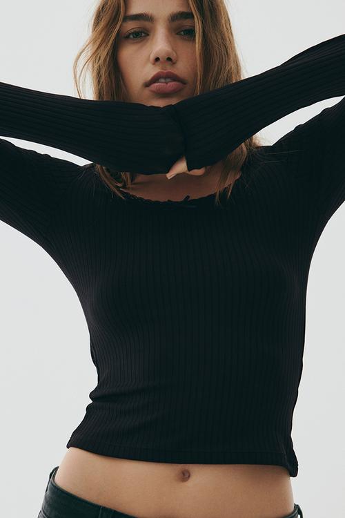 Ribbed jersey top - black