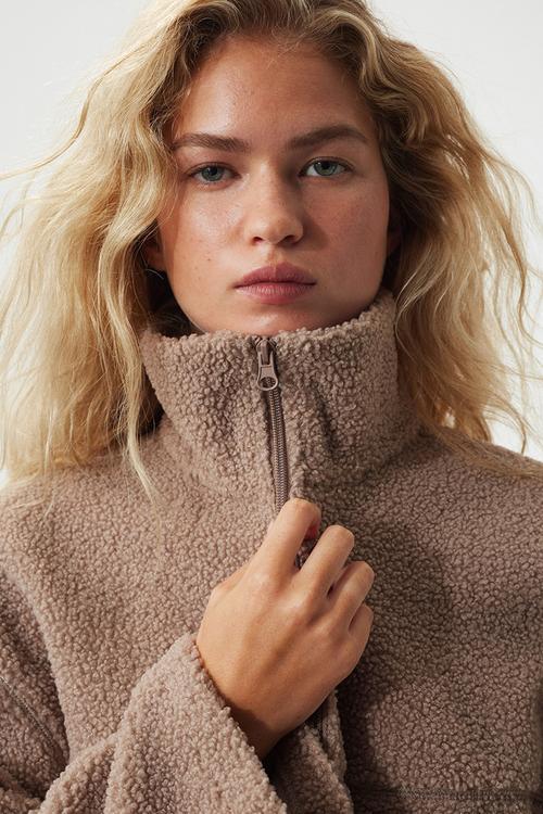Zip-through teddy sweatshirt - dark mole