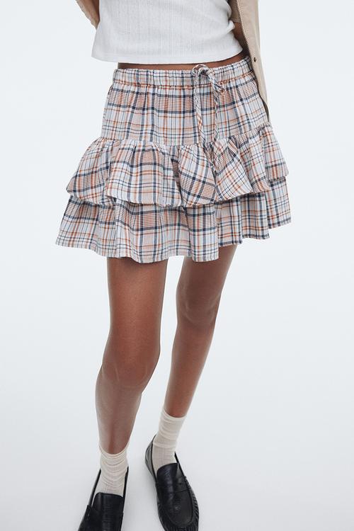 Tiered drawstring skirt - light blue/checked