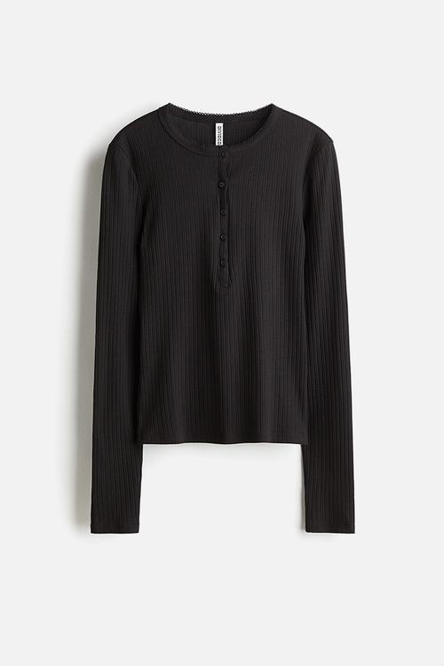 Ribbed henley top - dark grey