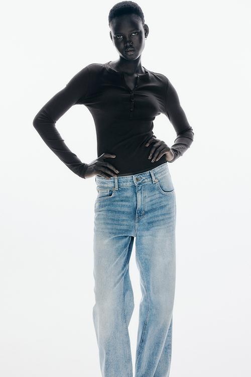 Ribbed henley top - dark grey