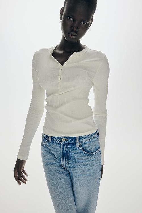 Ribbed henley top - cream