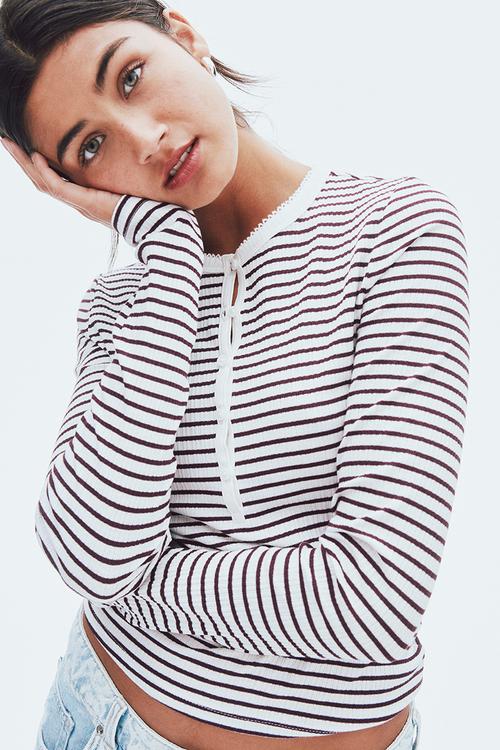 Ribbed henley top - white & burgundy striped