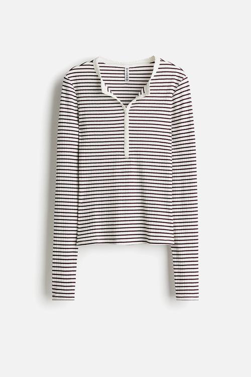 Ribbed henley top - white & burgundy striped