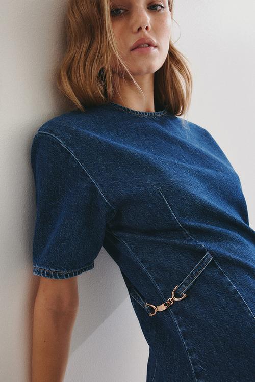 Buckle-detail denim dress - dark denim blue