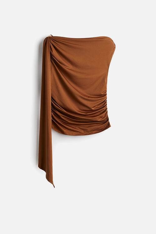 Draped cold-shoulder top - brown